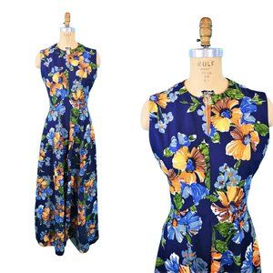 Vintage 1970s Maxi Dress Navy Blue Floral Print Empire Bust Boho | B 37"